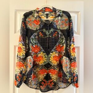 CAbi Red Orange Long Sleeve Graphic Blouse